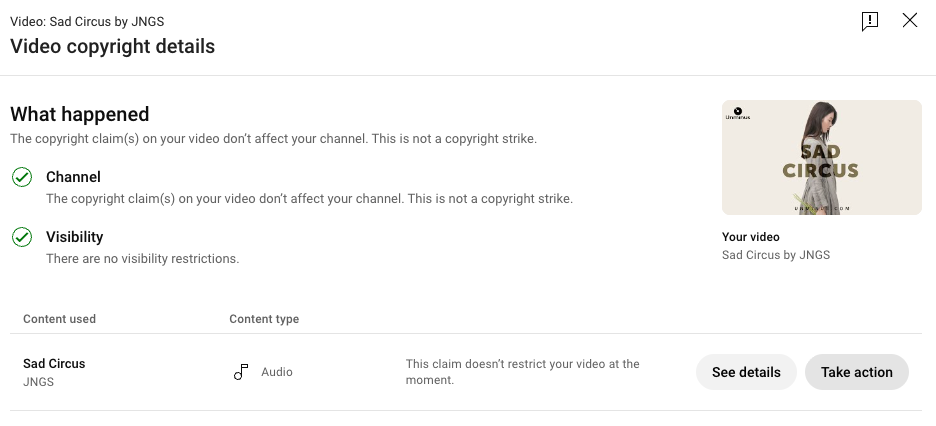 YouTube Studio copyright details panel confirming that a Content ID claim does not affect the channel and is not a copyright strike