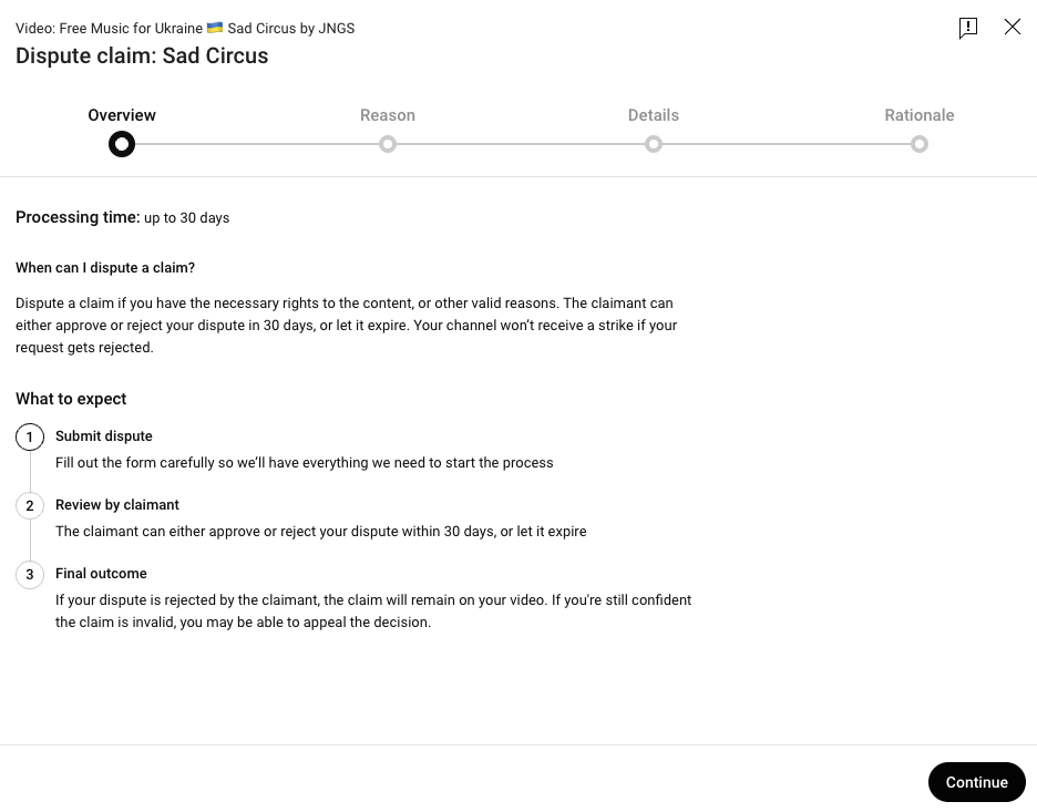 YouTube Studio dispute overview showing a processing time of up to 30 days and confirming the channel receives no strike if the dispute is rejected