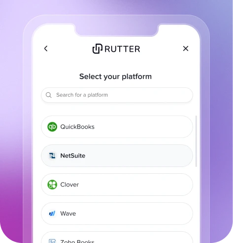 Digital interface titled 'Select your platform' from Rutter, showcasing a selection of financial platforms to integrate with. The screen displays logos of different platforms such as QuickBooks, NetSuite, Clover, Wave, and Zoho Books, each with a corresponding button for selection. The design is clean with a search bar at the top for quickly finding a specific platform. The background is a light purple, matching Rutter's brand color scheme.