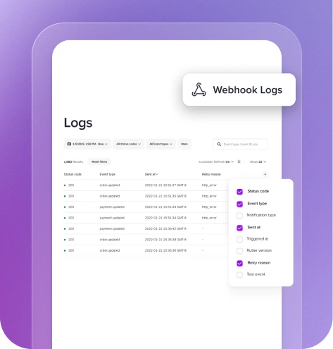 User interface of a software application showing Webhook Logs. The screen has a sleek, modern design with a list of logs displayed in a table format. Each log entry includes a status code, event type, date and time, response status, and more detailed event descriptions. The interface features a search bar, filters for event type, and various dropdown menus for more refined searching. A sidebar indicates different categories like Status code, Event type, and Notification type.