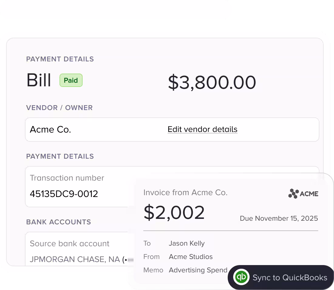 Bill marked “Paid” for $3,800 with Acme Co. invoice overlay and “Sync to QuickBooks” button.