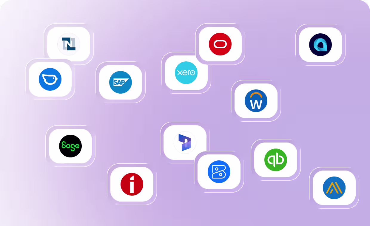 Collection of ERP and accounting platform logos that Rutter integrates with, including NetSuite, SAP, Oracle, Xero, Workday, Sage, Microsoft Dynamics, Infor, BILL, QuickBooks, Acumatica, and Float.