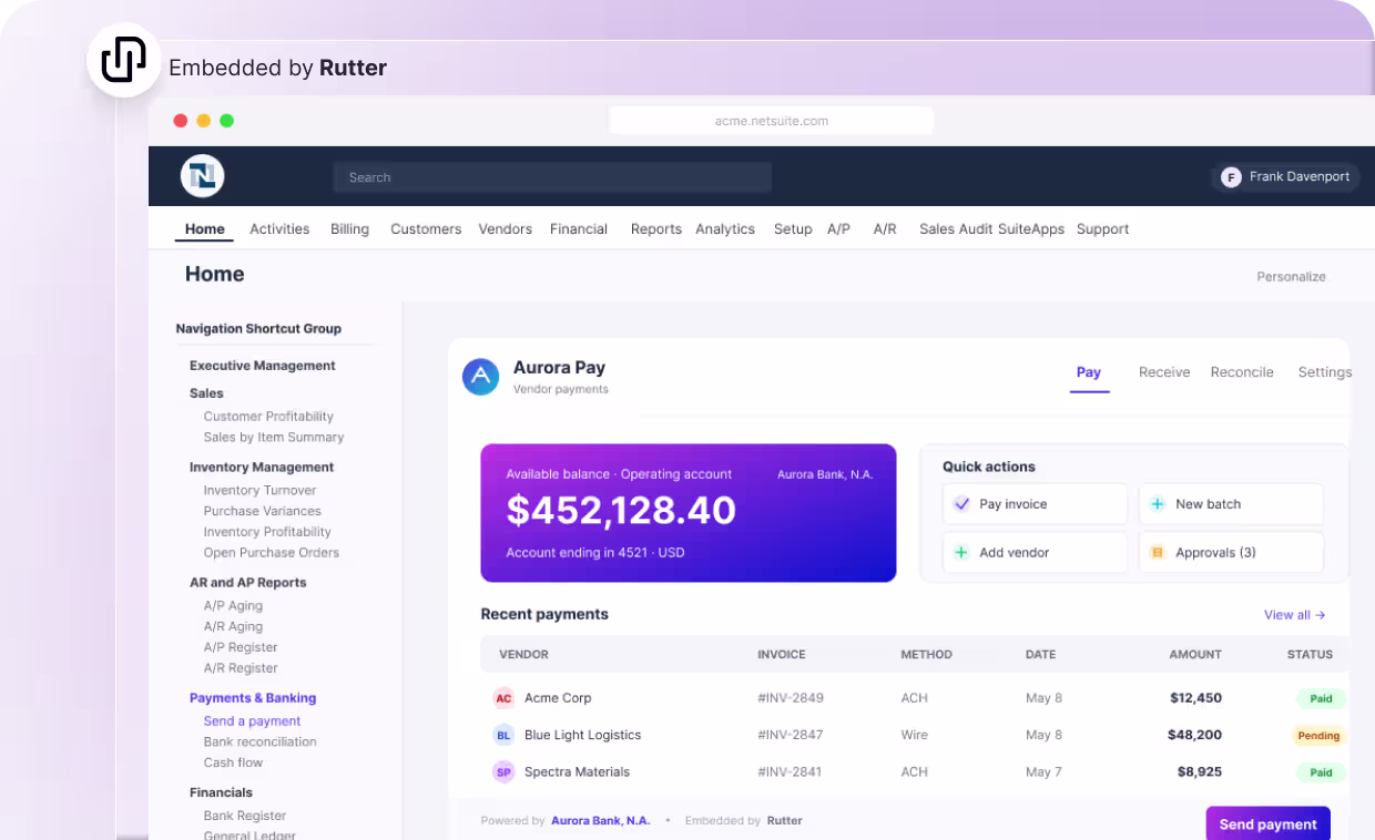 Aurora Pay payment widget rendered natively inside Oracle NetSuite, showing account balance, quick actions, and recent vendor payments. Powered by Aurora Bank and embedded by Rutter.