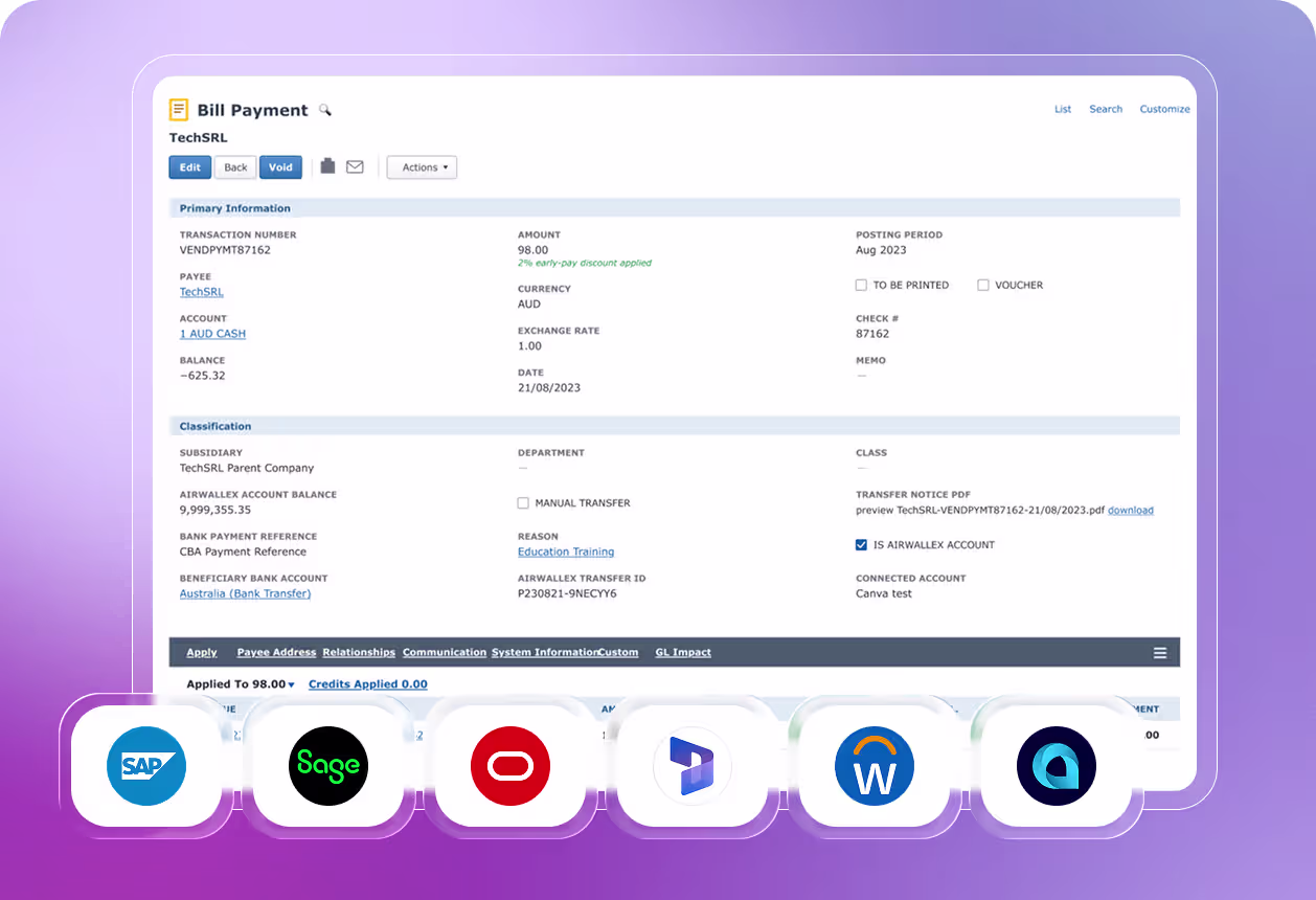 NetSuite ERP dashboard showing financial KPIs, revenue trends, and account balances, with embedded platform logos for SAP, Sage, Oracle, Microsoft Dynamics, Workday, and Acumatica.