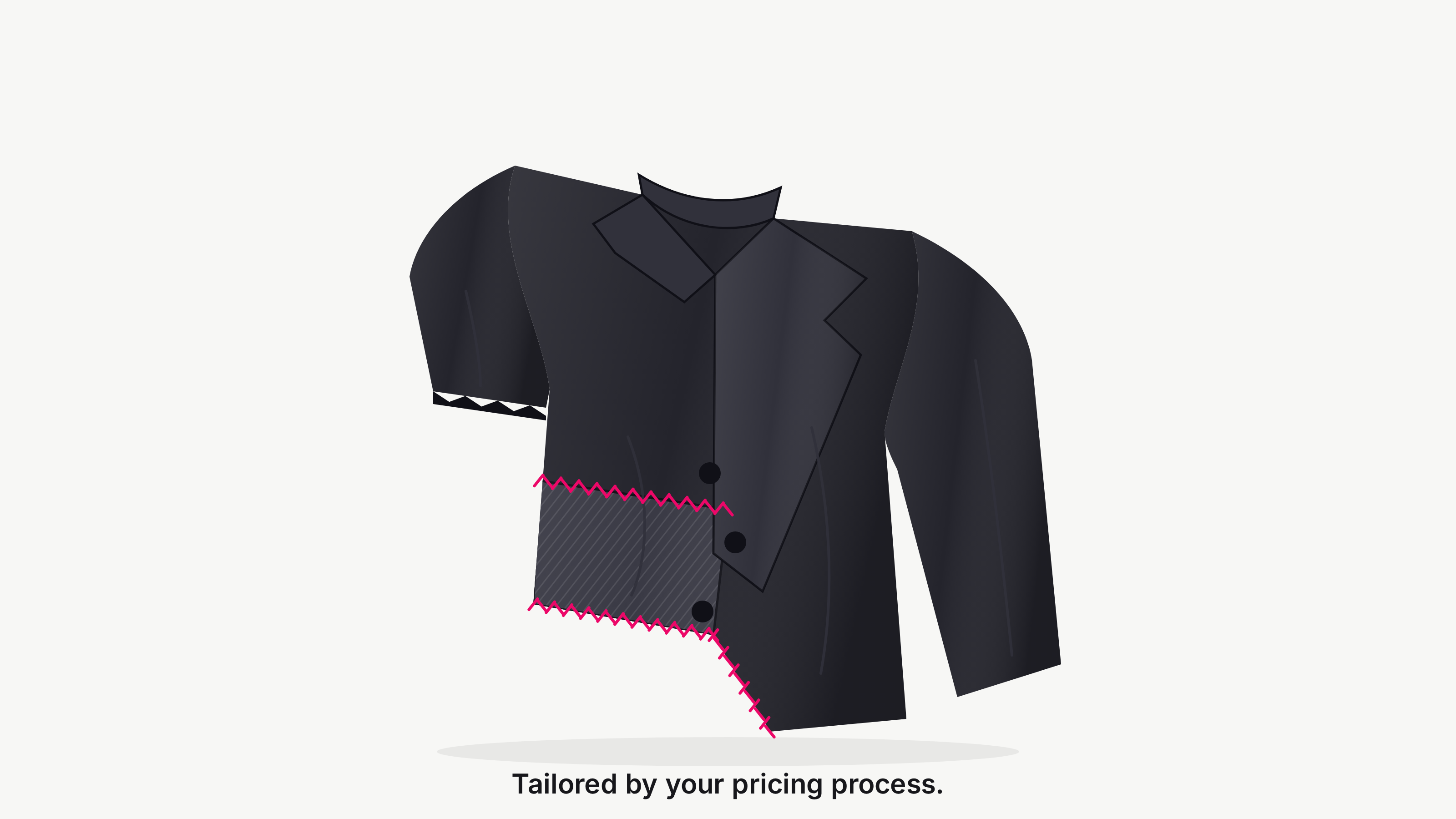 A badly tailored suit jacket with mismatched panels and pink zigzag stitching, captioned Tailored by your pricing process
