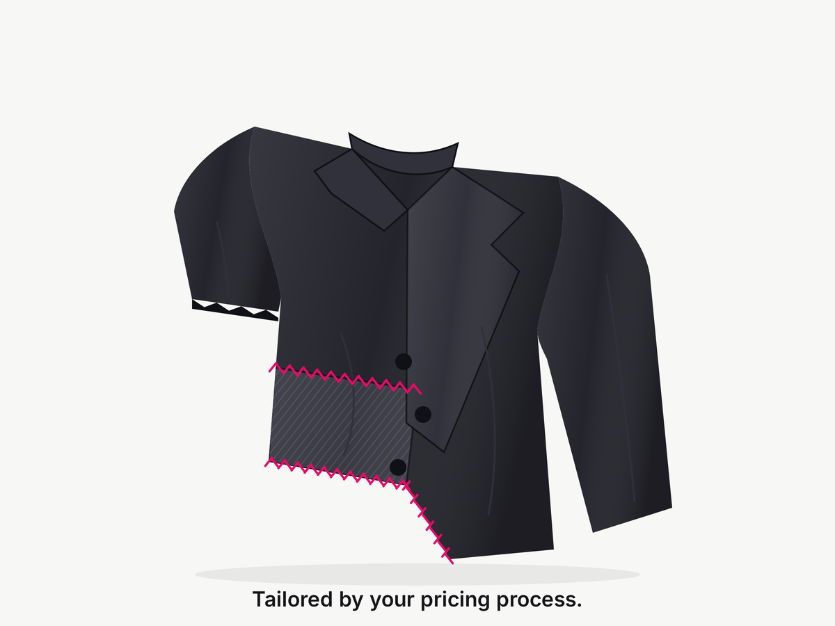 A badly tailored suit jacket with mismatched panels and pink zigzag stitching, captioned Tailored by your pricing process