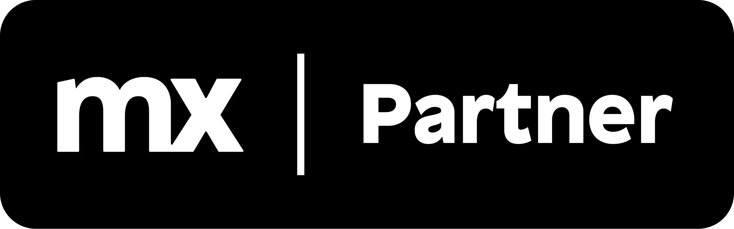 White lowercase letters 'mx' separated by a vertical white line from the word 'Partner' on a black background.