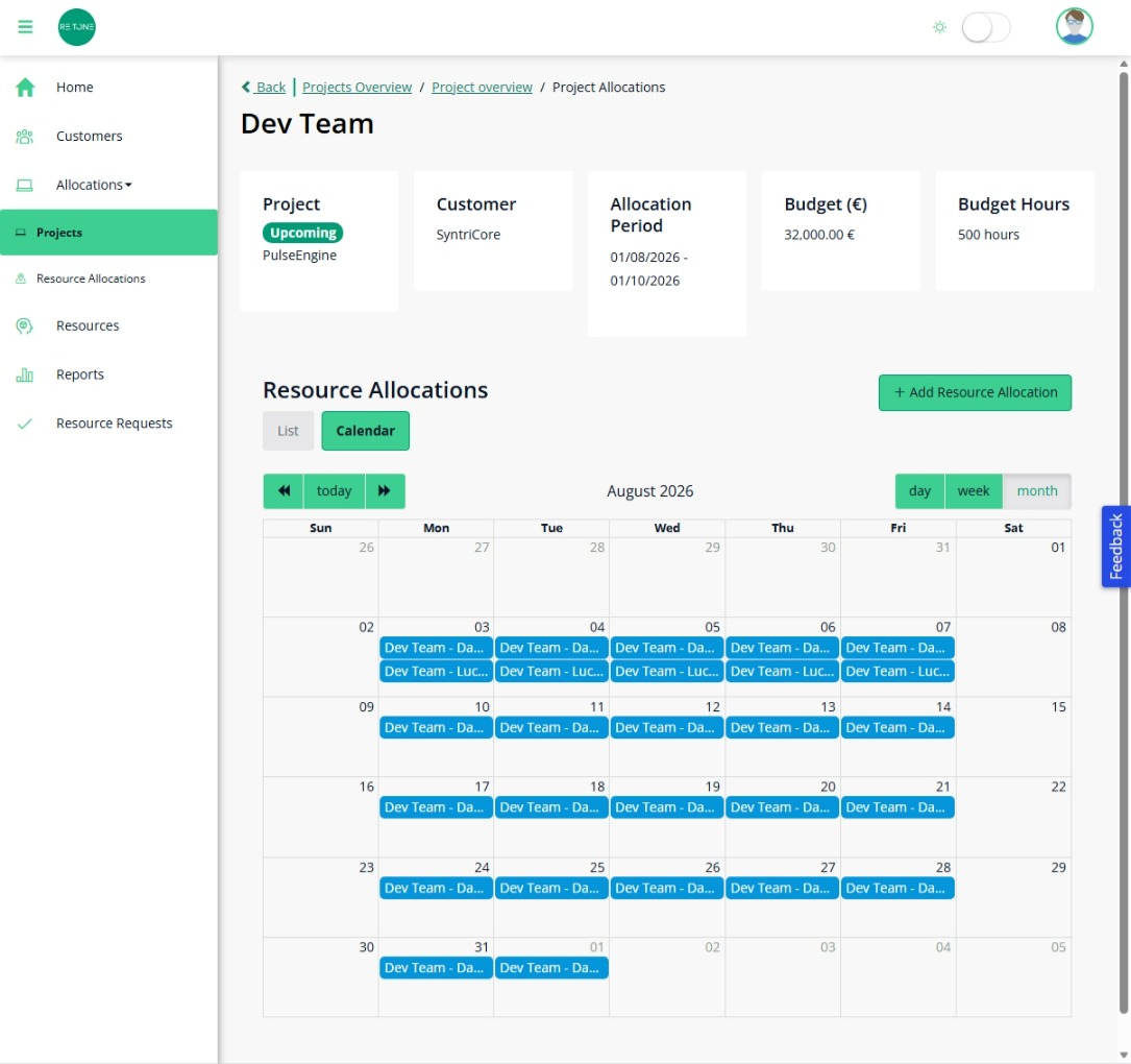 re.level software interface by re.tone displaying a Dev Team project overview. The screen features a left navigation menu, project budget and timeline summaries at the top, and a monthly calendar view for August 2026 showing scheduled resource allocations.