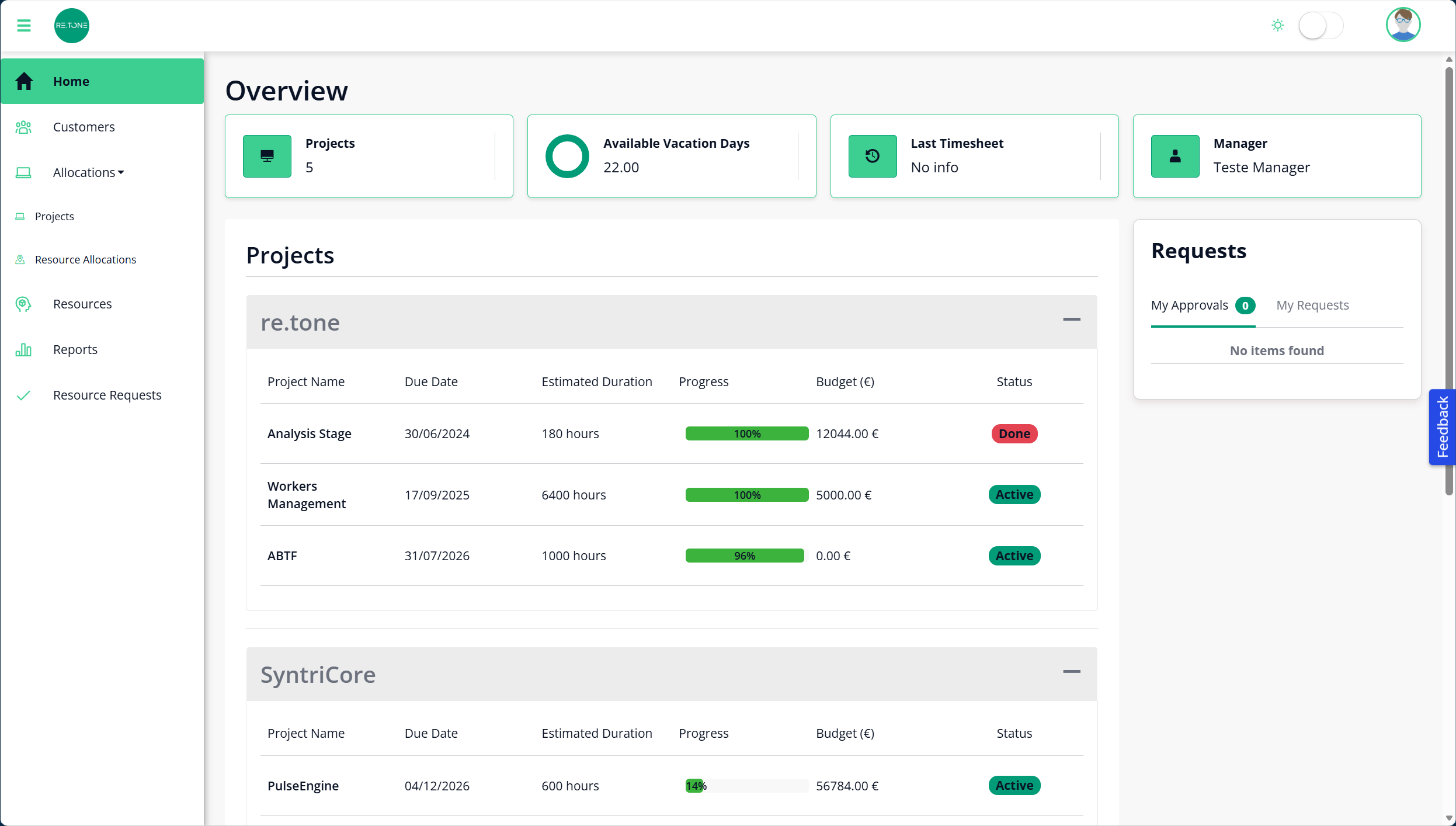 re.level overview dashboard with KPIs showing project management and pending approval requests.