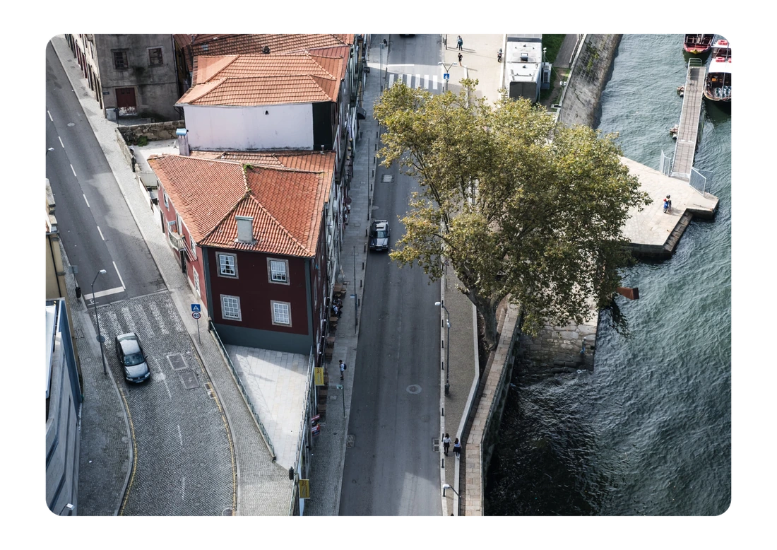 Aerial view of a city street with red-roofed buildings on the left, a large tree growing near a waterfront on the right, and pedestrians walking along the sidewalks adjacent to the road and water.