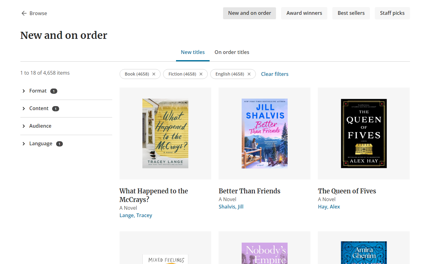 Library catalog page titled “New and on order” showing filters for book format, content, audience, and language, with a grid of new fiction titles including What Happened to the McCrays? by Tracey Lange, Better Than Friends by Jill Shalvis, and The Queen of Fives by Alex Hay.