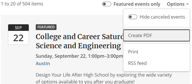 Library events page showing a featured program titled “College and Career Saturday: Science and Engineering” on September 22 in Austin, with an options menu open displaying Create PDF, Print, and RSS feed choices.