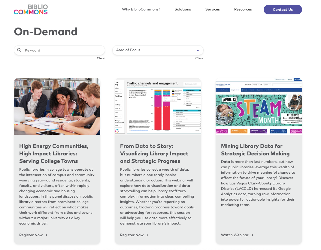 BiblioCommons webpage showing search and filter options with featured webinar cards, including topics on serving college towns, visualizing library impact with data, and using analytics for strategic decision-making.