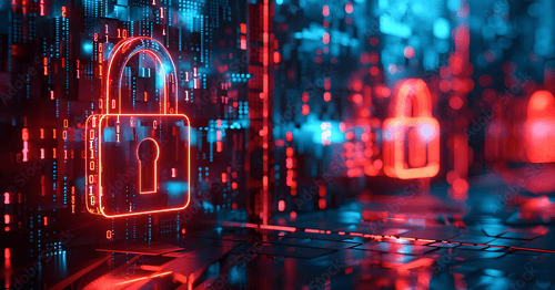 Graphic image of a red padlock and binary code in a dark blue background