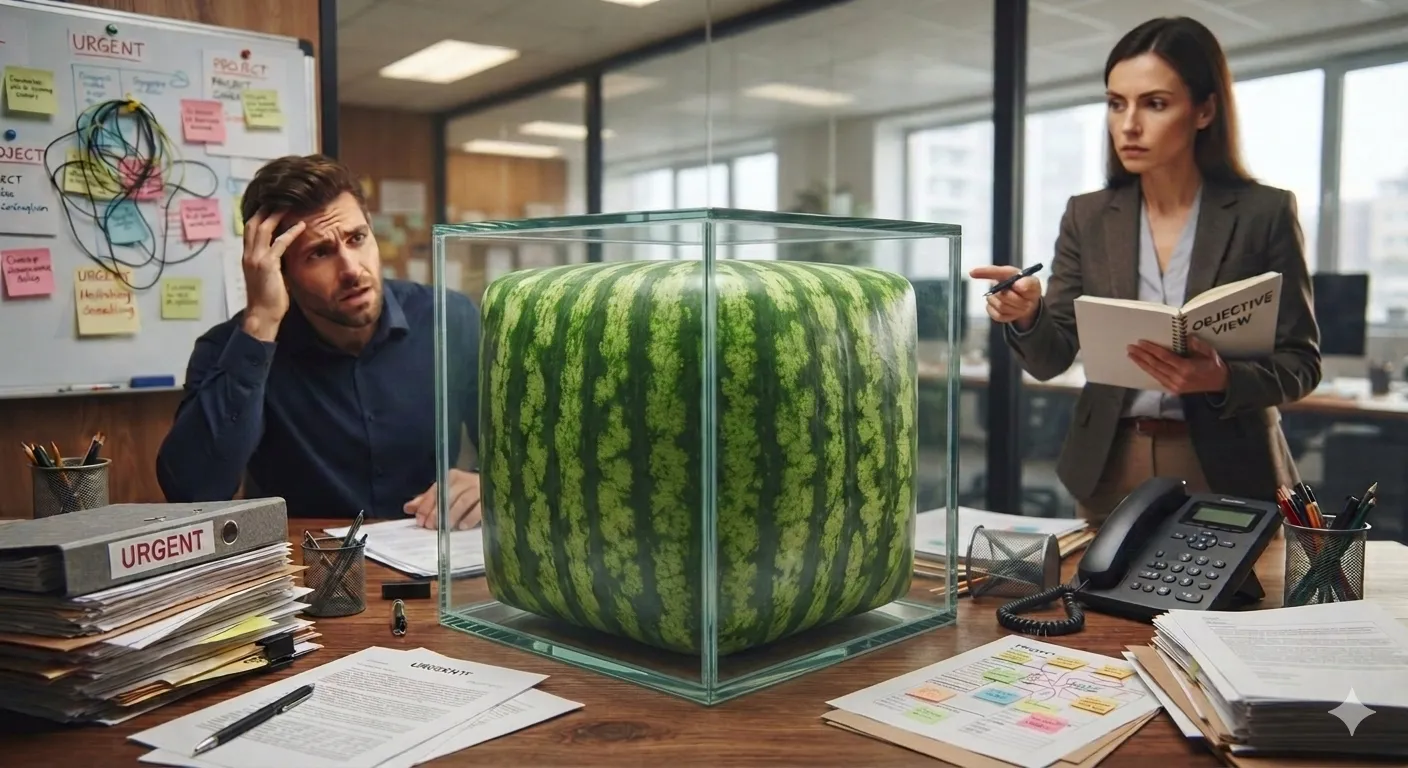 Illustration of a business owner and colleague looking at an oversized watermelon constrained inside a glass display case, symbolising business processes that no longer fit a growing practice. Image generated using Gemini Nano Banana.