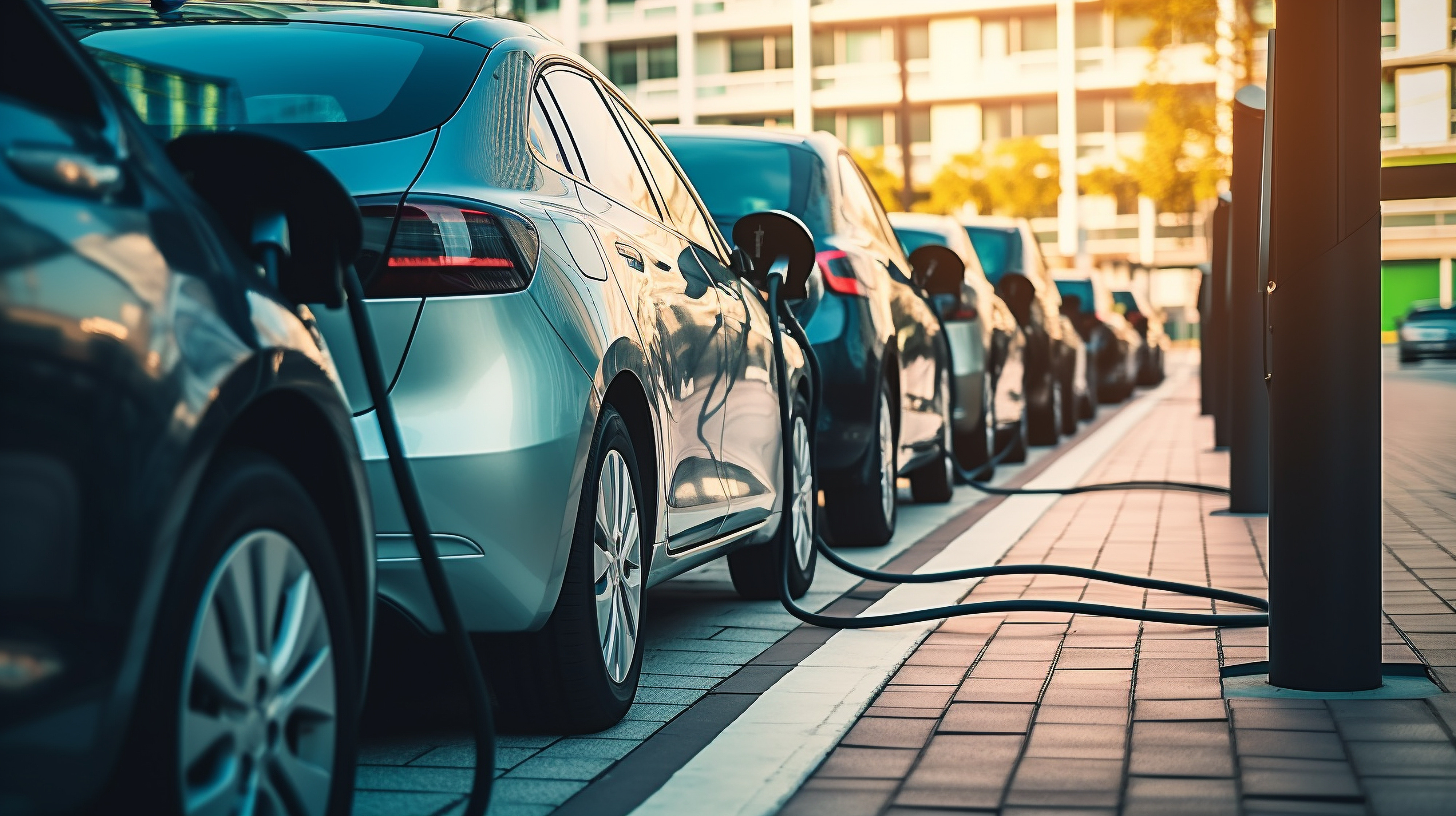 Row of electric vehicles charging at an EV station. 