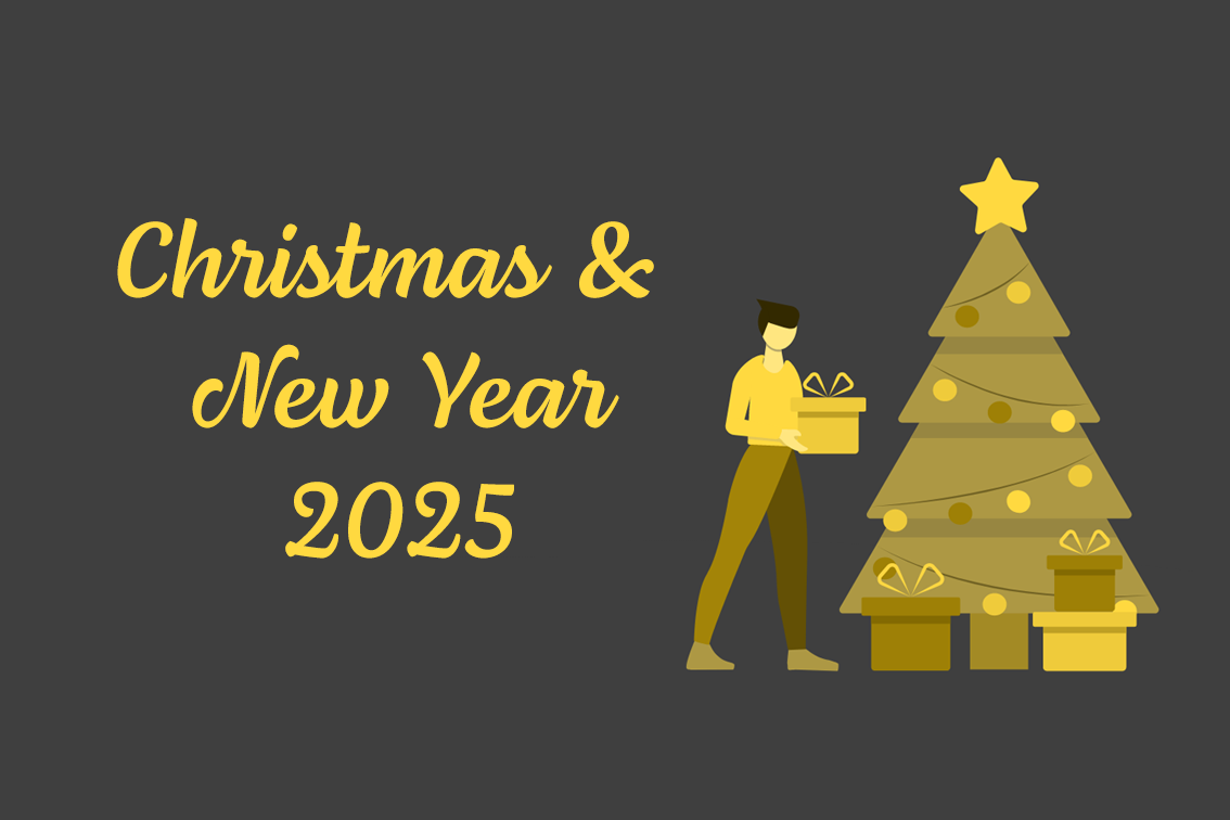 Image d'un homme avec un sapin de Noël et le titre « Noël et Nouvel An 2025 ».