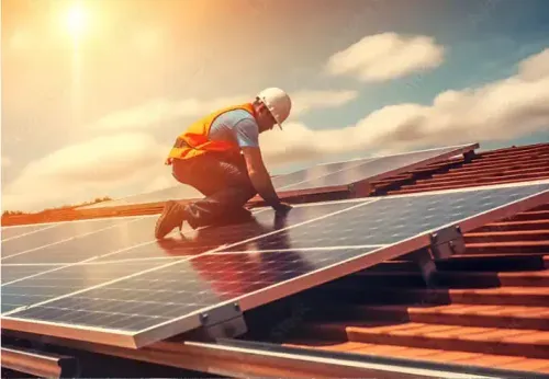 Solar installer working on a rooftop under bright sunlight, wearing safety gear.