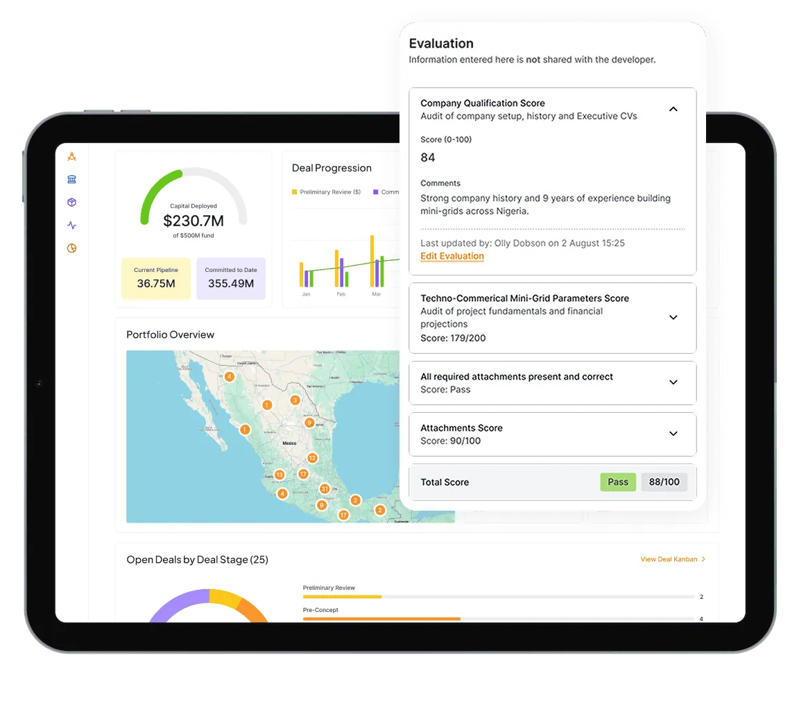 Origination and due diligence dashboard on a tablet