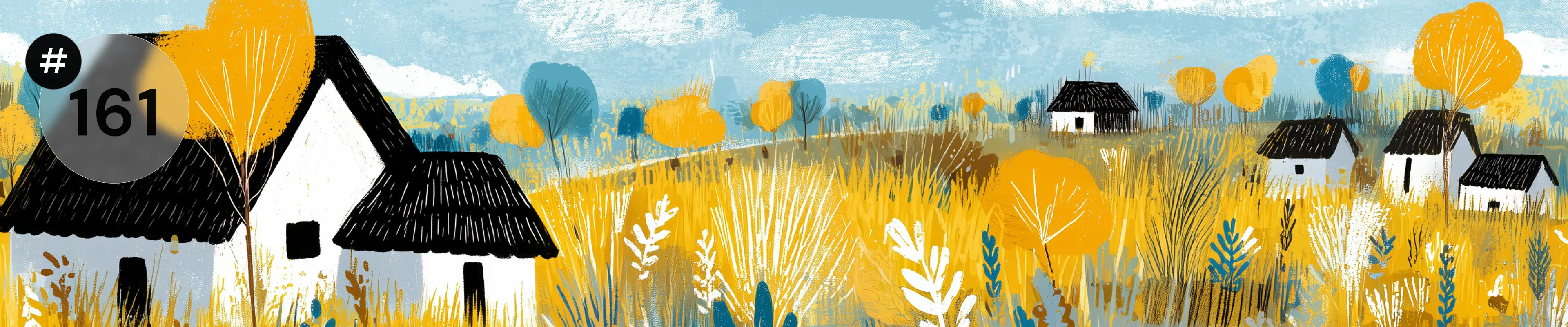 Ilustracja przedstawia letni, wiejski krajobraz z białymi domkami o czarnych dachach, otoczonymi złotymi polami i kolorowymi drzewami w odcieniach żółci, niebieskiego i pomarańczu. Na pierwszym planie widnieje duży numer „161” oznaczający numer wydania newslettera.