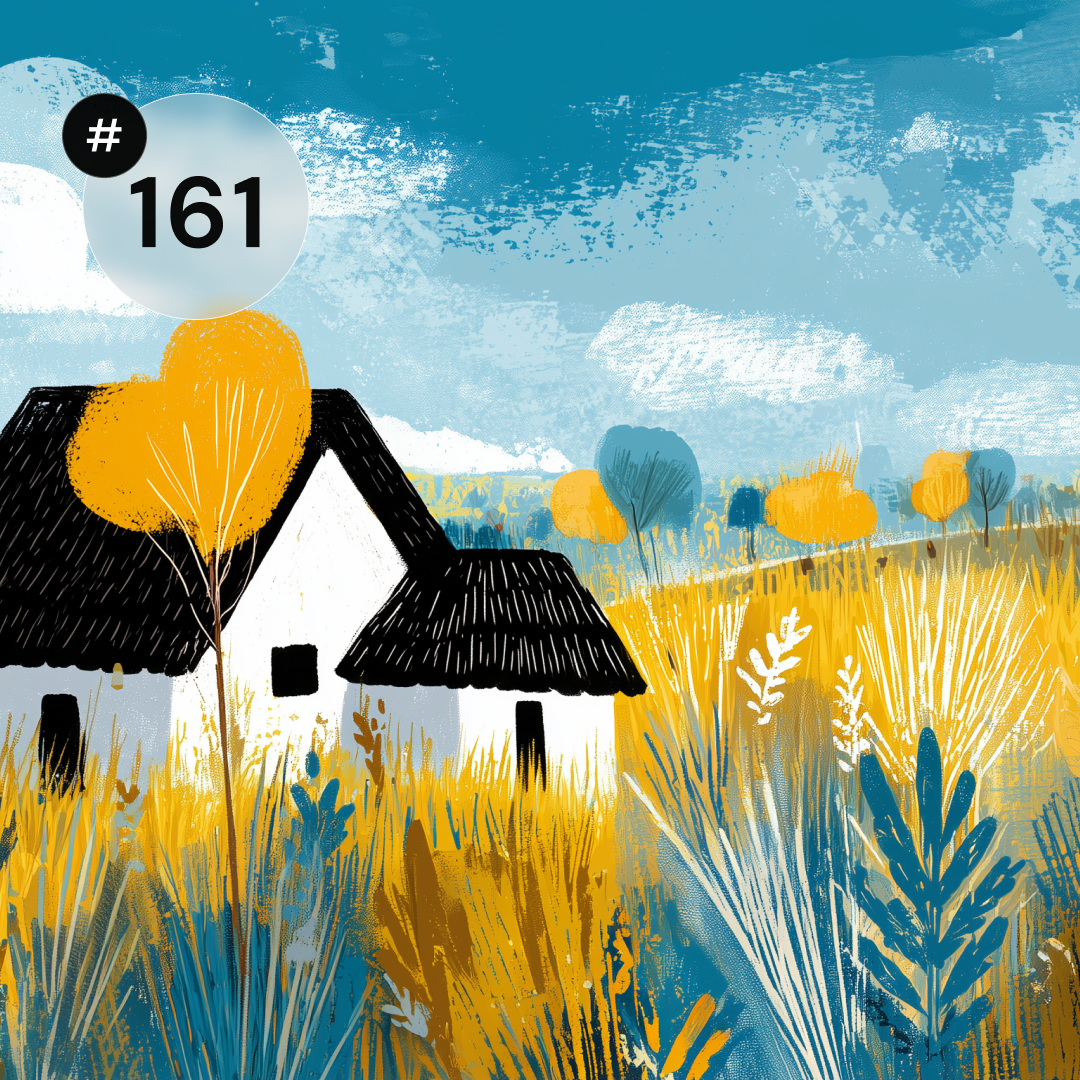 Ilustracja przedstawia letni, wiejski krajobraz z białymi domkami o czarnych dachach, otoczonymi złotymi polami i kolorowymi drzewami w odcieniach żółci, niebieskiego i pomarańczu. Na pierwszym planie widnieje duży numer „161” oznaczający numer wydania newslettera.