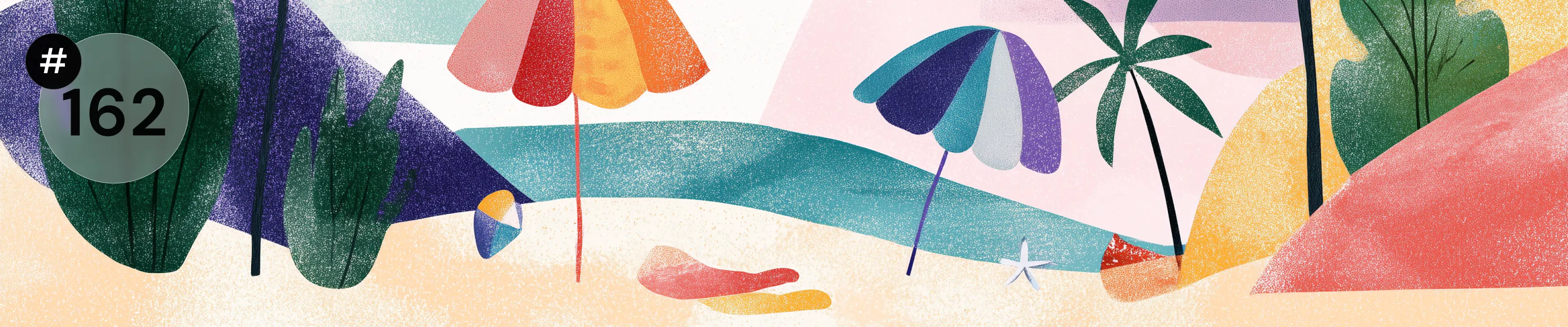 Ilustracja plaży z kolorowymi parasolami, palmami i piłką plażową na piasku, w tle morze i pastelowe wzgórza