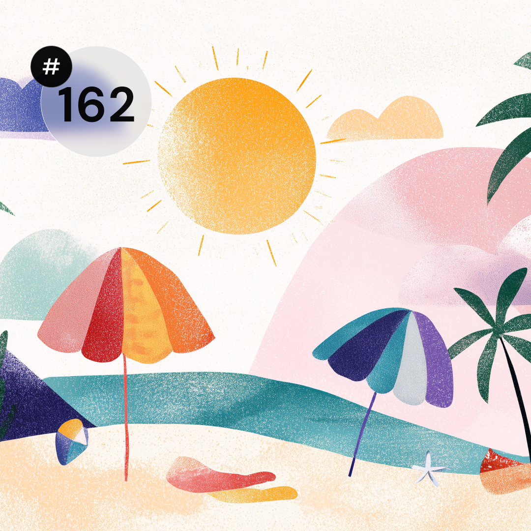 Ilustracja plaży z kolorowymi parasolami, palmami i piłką plażową na piasku, w tle morze i pastelowe wzgórza