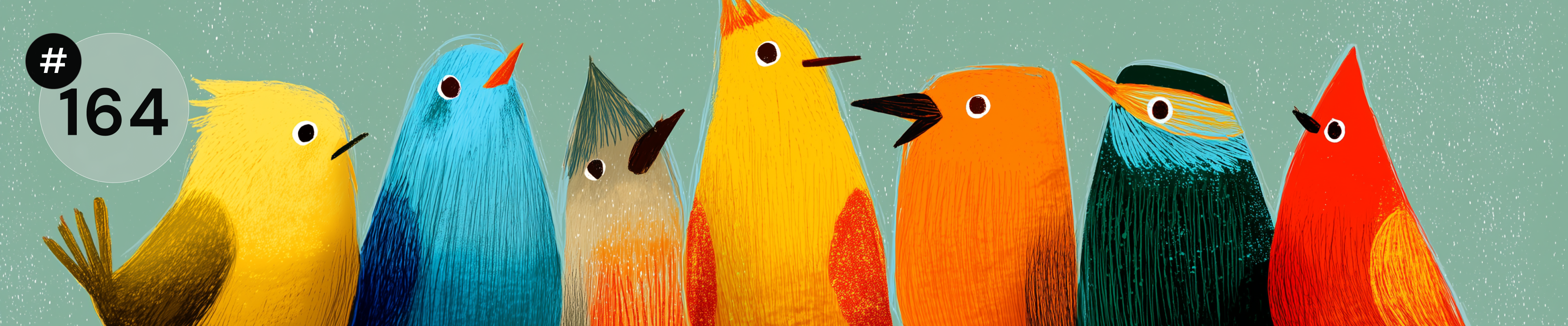 Ilustracja przedstawiająca rząd siedmiu kolorowych ptaków ustawionych obok siebie na tle zielonego nieba. Każdy z ptaków ma inny kolor upierzenia: żółty, niebieski, brązowo-pomarańczowy, pomarańczowy, pomarańczowo-czerwony, zielono-niebieski i czerwony. W lewym górnym rogu widoczny jest okrągły znacznik z numerem 164.