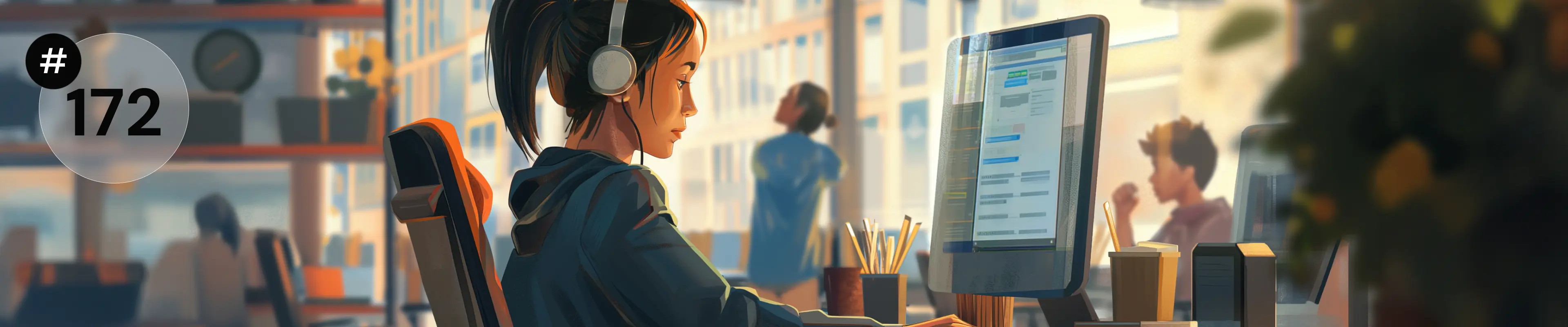 Ilustracja przedstawiająca kobietę w słuchawkach pracującą przy komputerze w nowoczesnym biurze; na grafice widoczny numer „#172”.