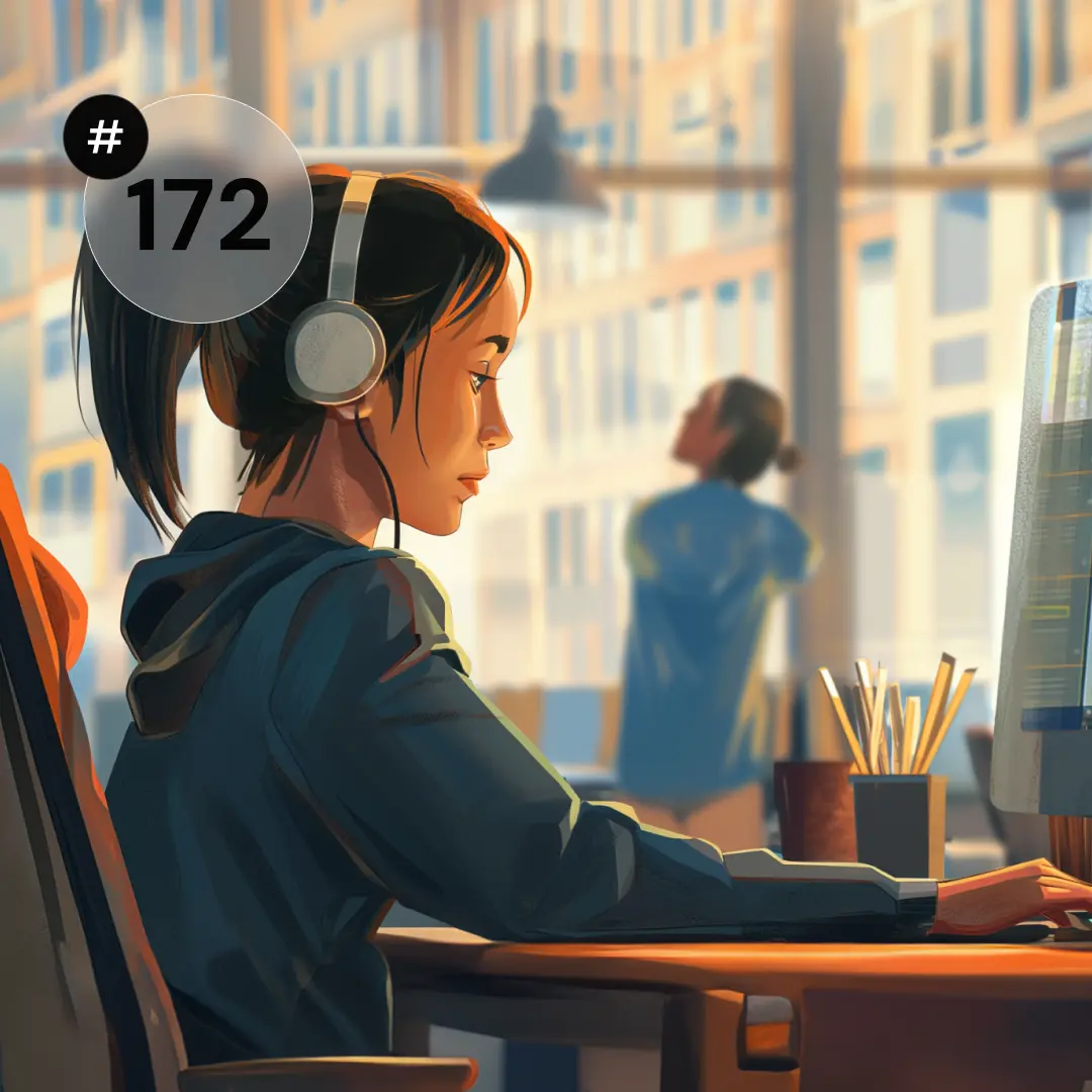 Ilustracja przedstawiająca kobietę w słuchawkach pracującą przy komputerze w nowoczesnym biurze; na grafice widoczny numer „#172”.