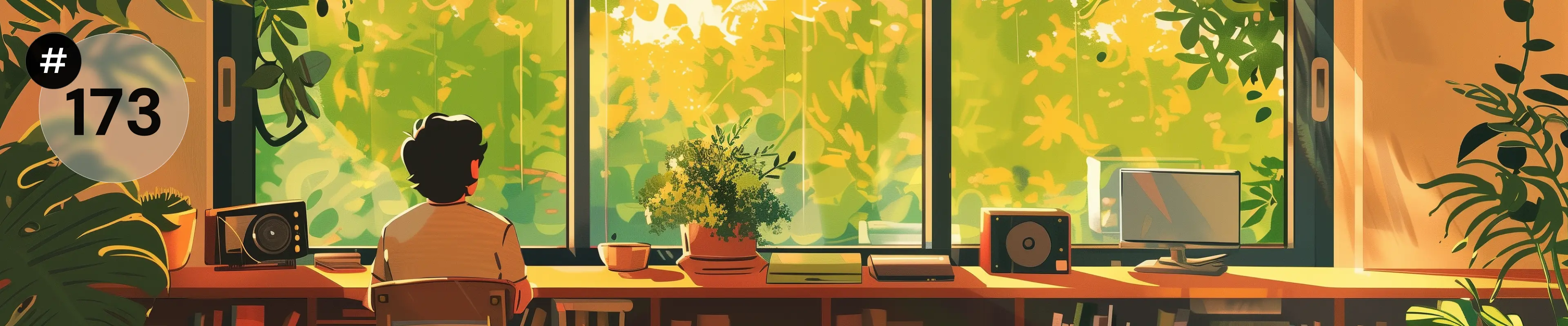 Ilustracja przedstawiająca osobę siedzącą przy biurku i patrzącą przez duże okno na zielony krajobraz; na grafice widoczny numer „#173”.