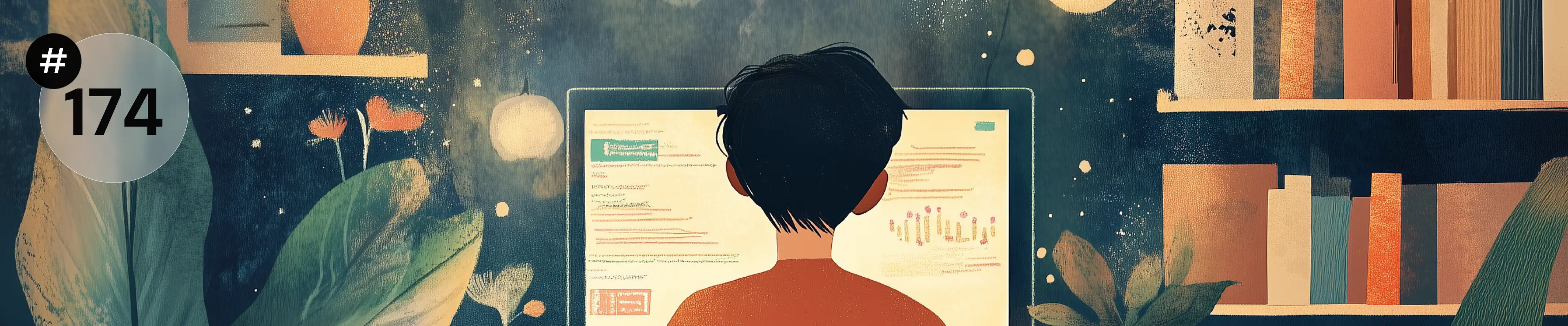 Ilustracja przedstawiająca osobę siedzącą przy biurku przed komputerem, w otoczeniu roślin i ciepłego, nastrojowego oświetlenia; na ekranie widoczne są dane i wykresy, a w lewym górnym rogu grafiki znajduje się oznaczenie „#174”.