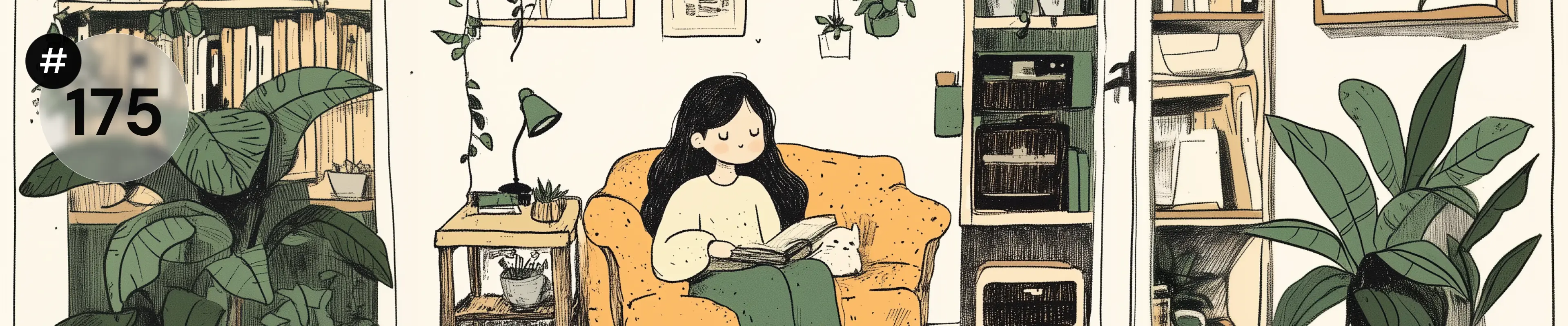 Ilustracja w stylu szkicowym przedstawiająca młodą kobietę z długimi czarnymi włosami, siedzącą na żółtej kanapie i czytającą książkę. Obok niej leży mały biały kot. W tle pokój pełen roślin doniczkowych, wiszących na ścianach plakatów, drewnianego stolika nocnego z lampką i regału. W lewym górnym rogu napis „#175". Paleta barw opiera się na odcieniach beżu, zieleni i złocistej żółci.