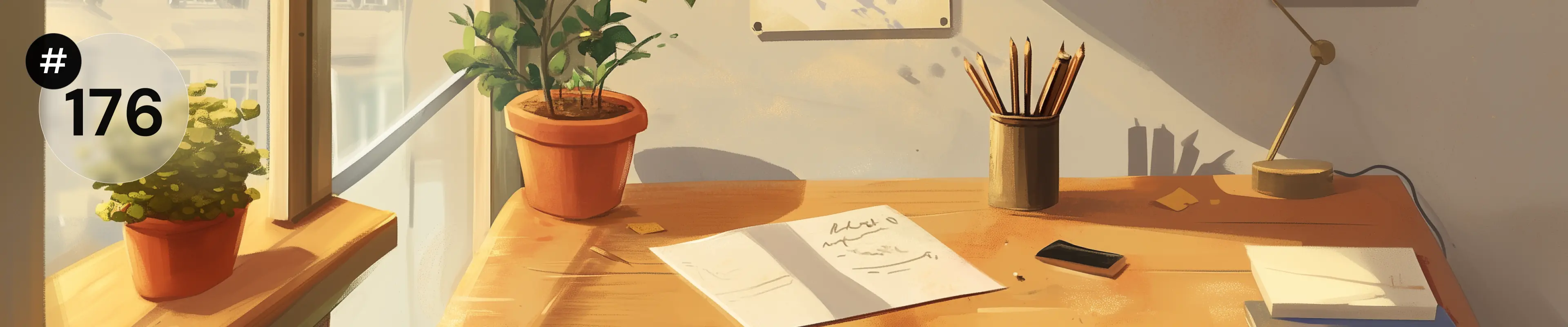 Ilustracja przedstawiająca jasne, spokojne miejsce pracy: drewniane biurko przy oknie, na nim notes z odręcznymi szkicami, ołówki w kubku, lampka oraz rośliny doniczkowe; ciepłe światło dzienne wpada do wnętrza, a w lewym rogu widoczny jest znacznik „#176”.