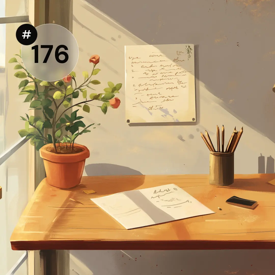 Ilustracja przedstawiająca jasne, spokojne miejsce pracy: drewniane biurko przy oknie, na nim notes z odręcznymi szkicami, ołówki w kubku, lampka oraz rośliny doniczkowe; ciepłe światło dzienne wpada do wnętrza, a w lewym rogu widoczny jest znacznik „#176”.