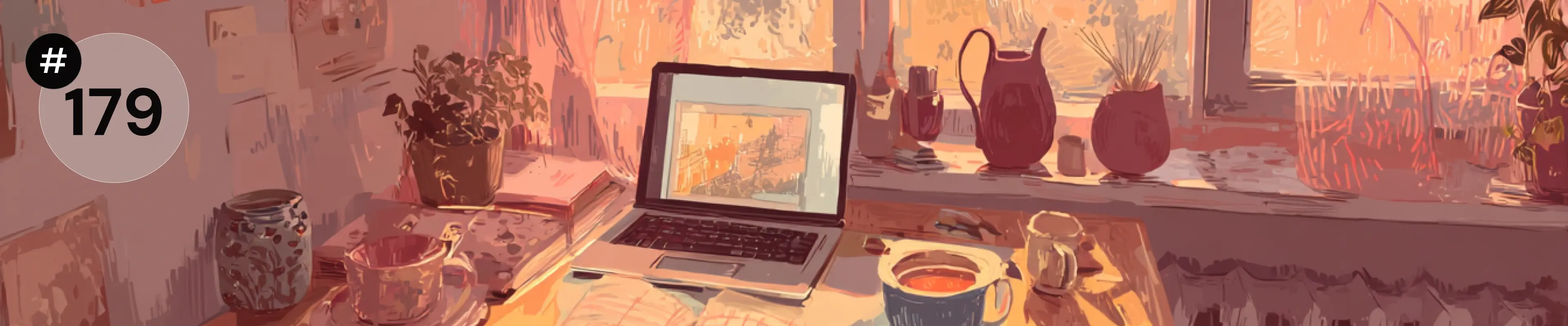 Ilustracja przedstawiająca przytulne stanowisko pracy przy oknie – na biurku stoi otwarty laptop, filiżanki z napojami, książki i rośliny doniczkowe. Ciepłe, pastelowe światło wpada przez okno, tworząc spokojną atmosferę sprzyjającą pracy i refleksji. W lewym górnym rogu znajduje się oznaczenie numeru newslettera „#179”.