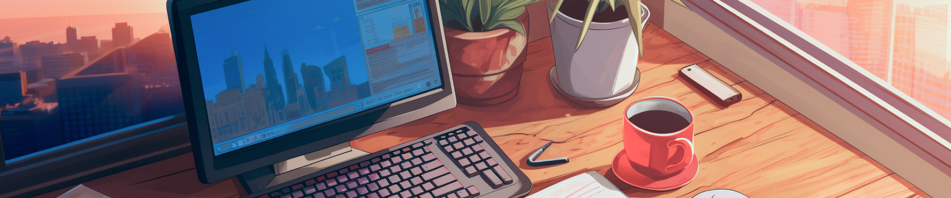 Illustration of a notebook, computer, a cup of coffee.
