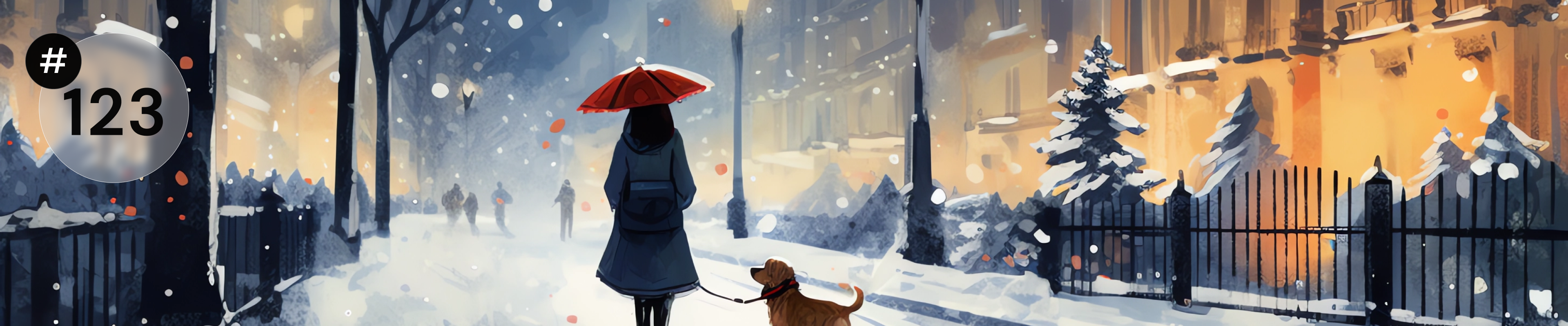 Illustration of a girl walking with a dog in the snow