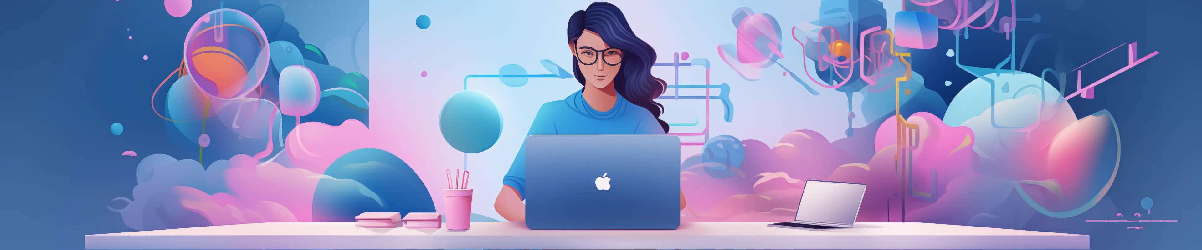 Ilustracja przedstawiająca kobietę pracującą przy laptopie na minimalistycznym biurku. W tle znajdują się abstrakcyjne, pastelowe elementy 3D w odcieniach błękitu, różu i fioletu, nawiązujące do technologii, kreatywności i projektowania cyfrowego.