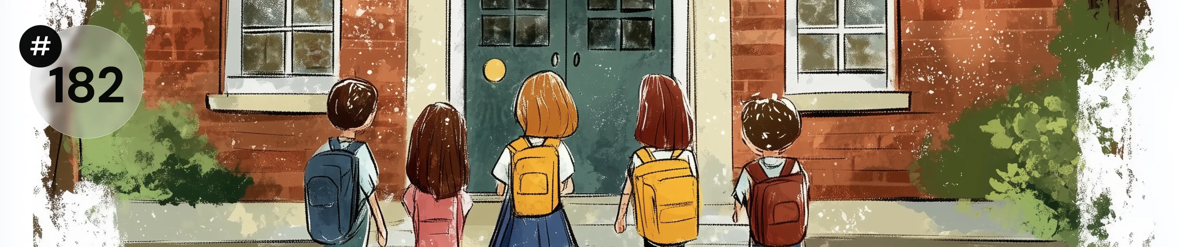 Ilustracja przedstawiająca pięcioro dzieci z plecakami stojących przed wejściem do szkoły.