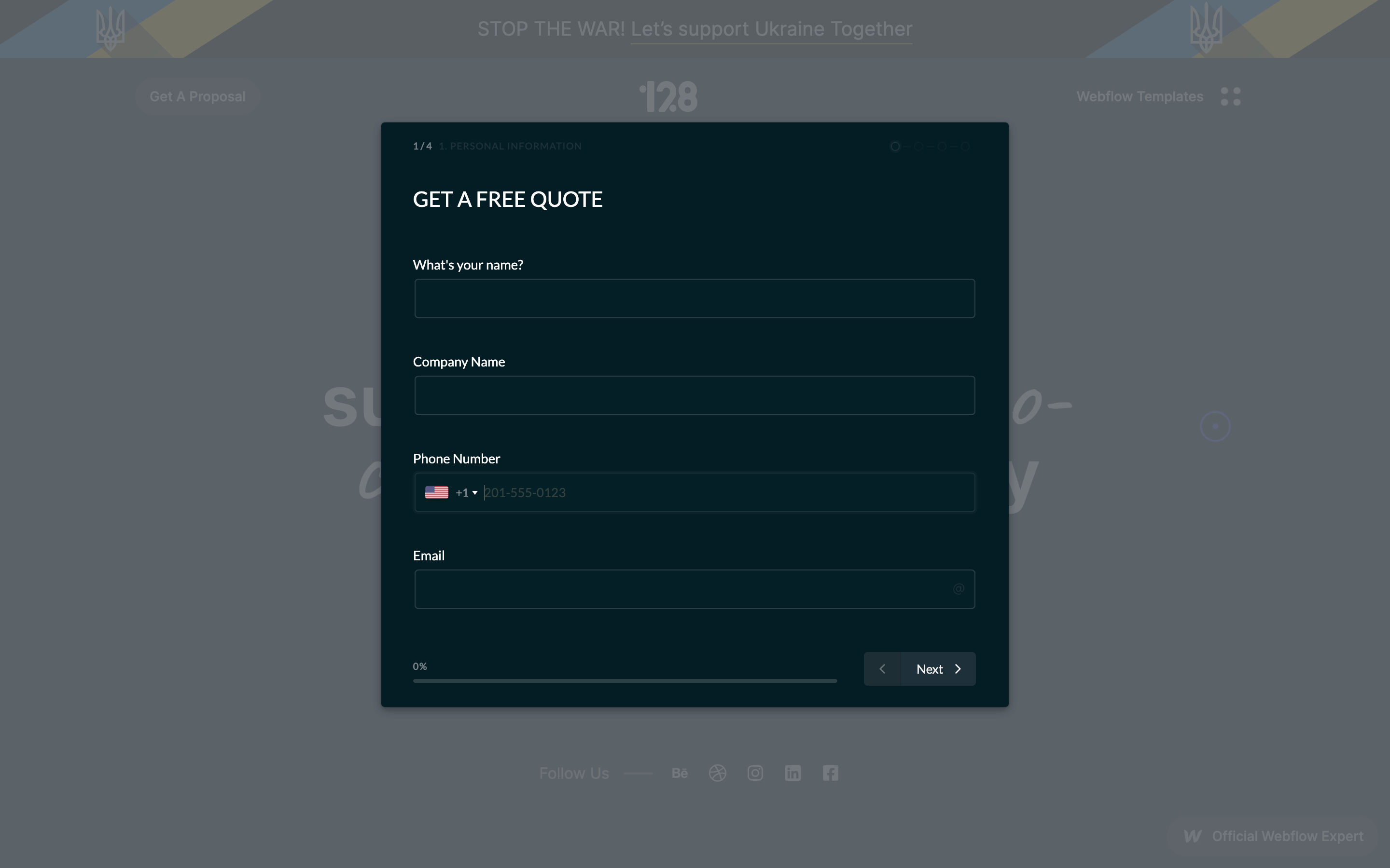 webflow popup form in 128.digital site