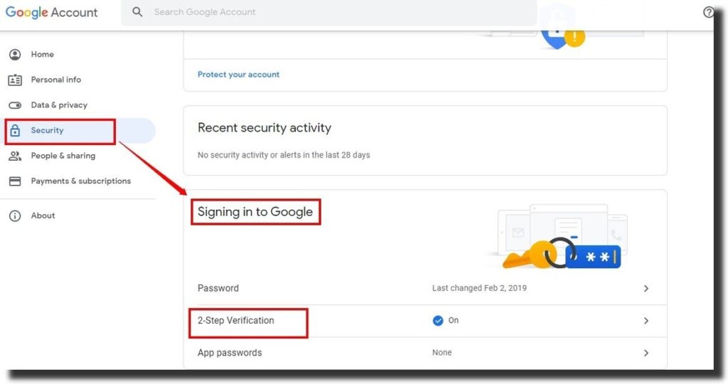 google account - security tab