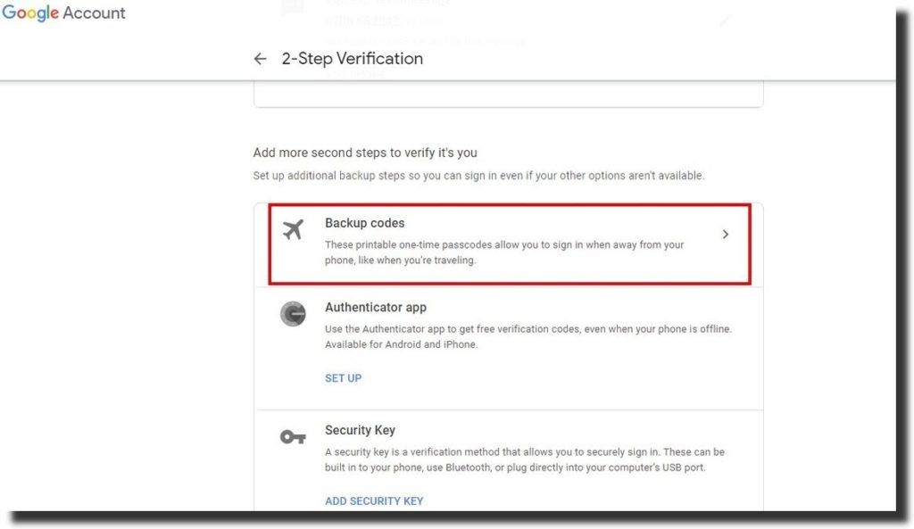 google account - 2 step verification tab