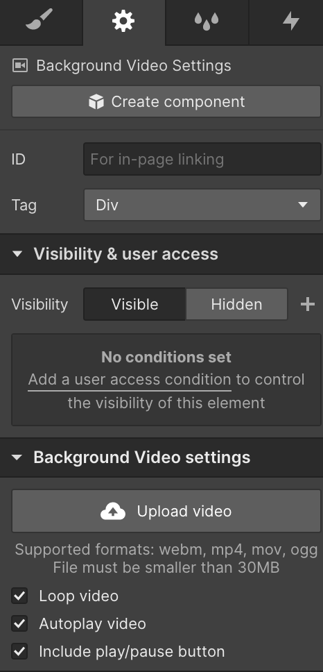 Webflow background video settings