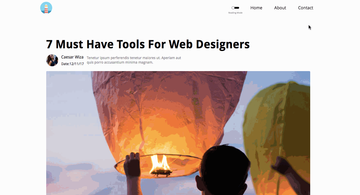Website interface featuring the night mode button