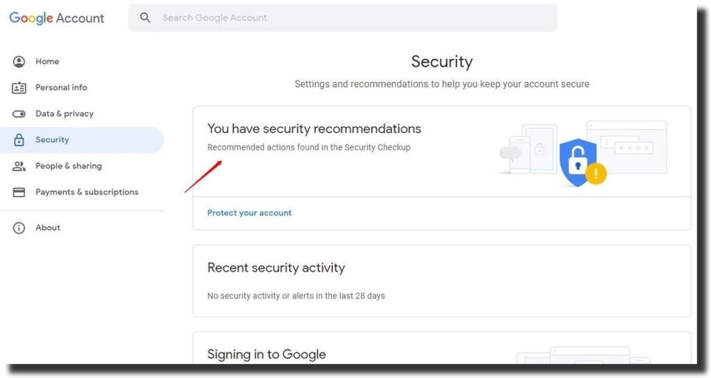google account security tab - recommendations