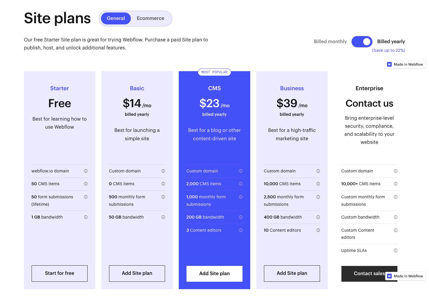 webflow pricing