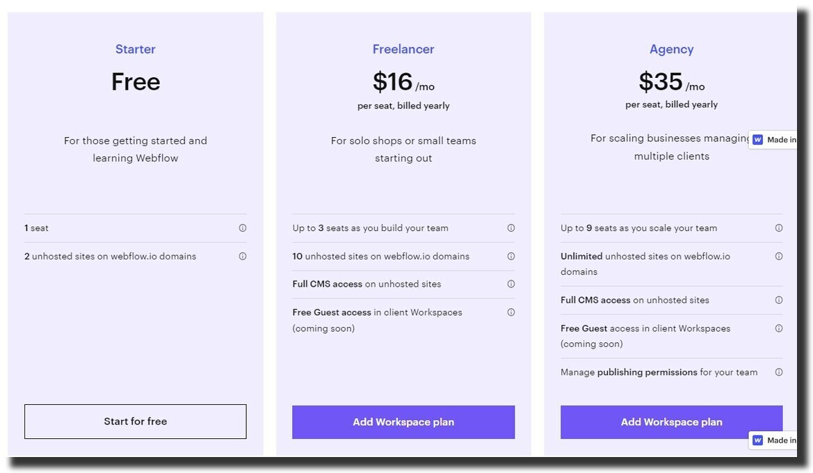 webflow pricing