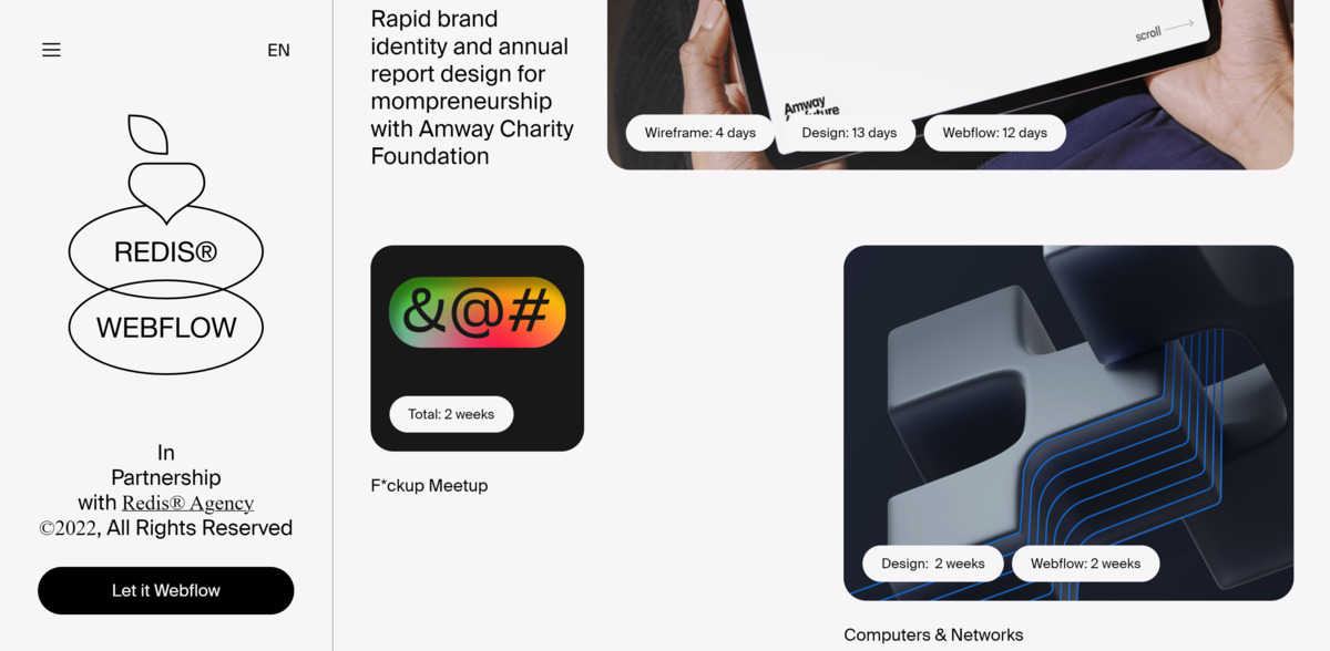 A screenshot of Redis Agency’s website, with thumbnails for projects, the company’s logo, and a navigation bar.