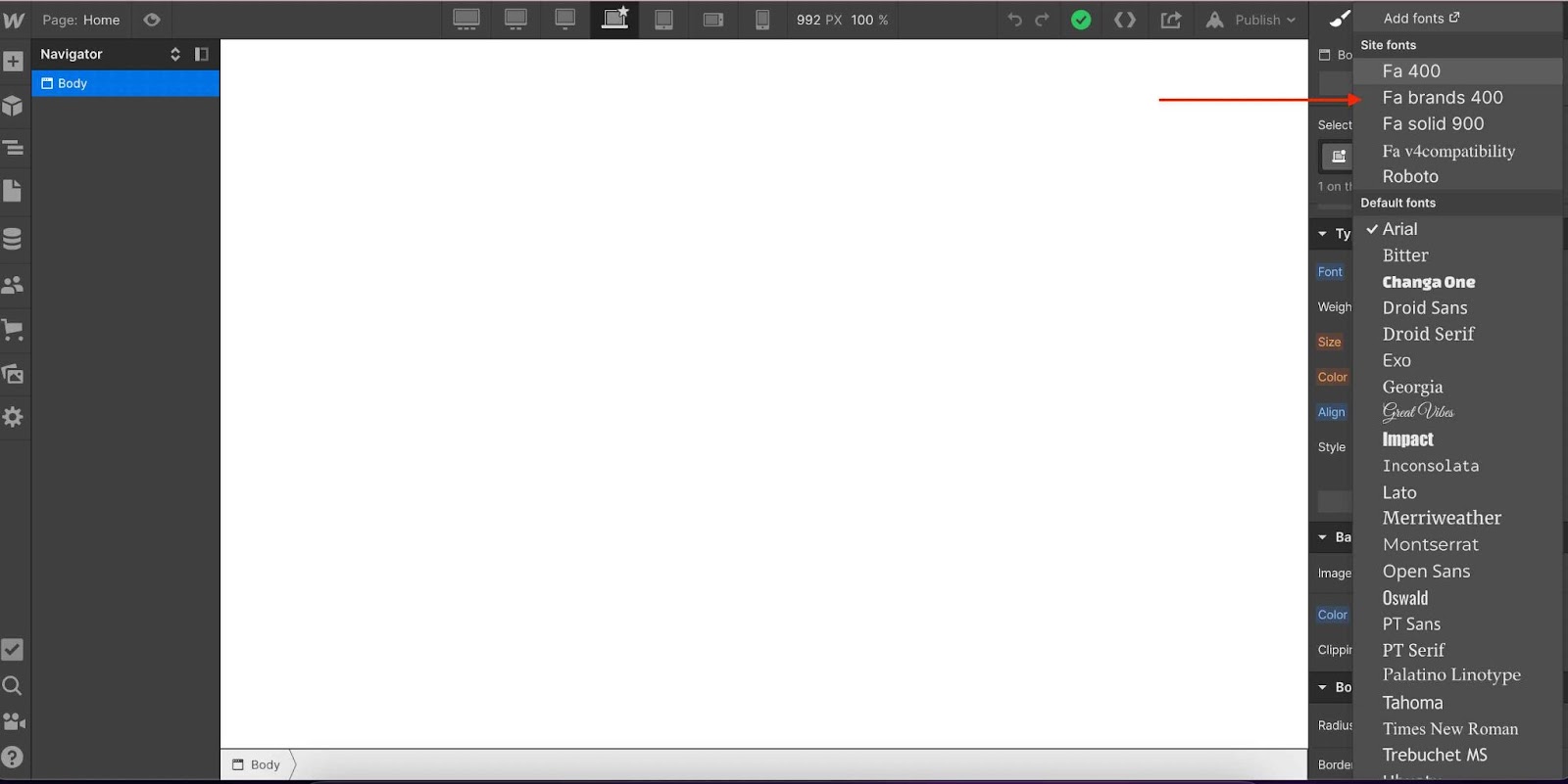 Webflow icon fonts on the Webflow dashboard